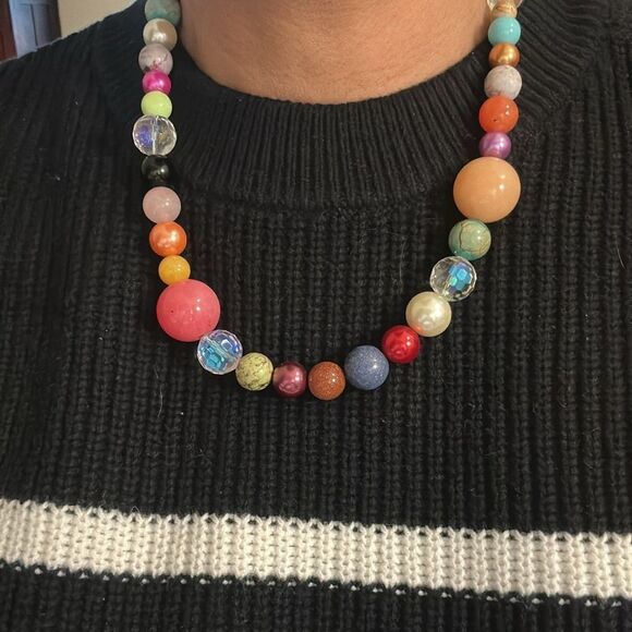 Vtg Multicolor Glass Bubble Gum Necklace Boho Silver Rainbow Graduated Whimsical - Picture 2 of 4